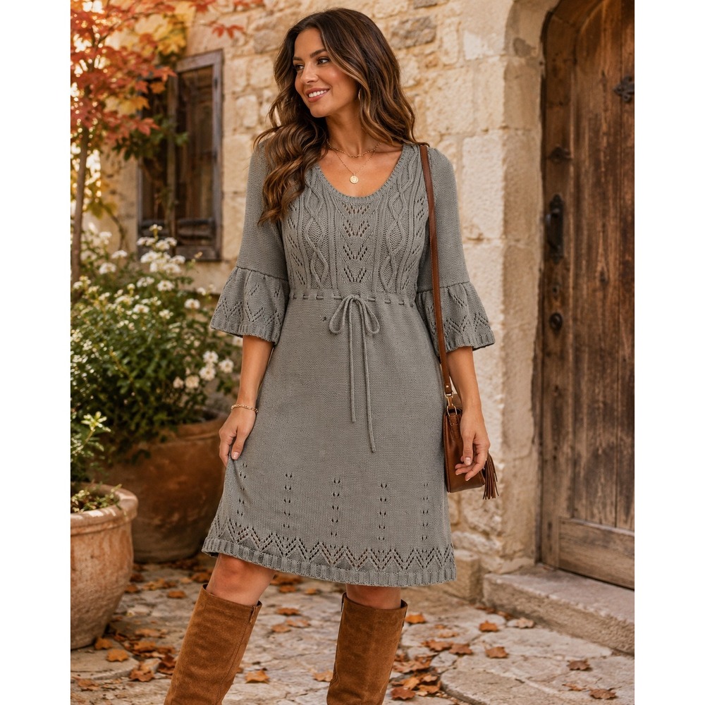 Decree Gray Cable Knit Bell Sleeve V-Neck Sweater Dress Large